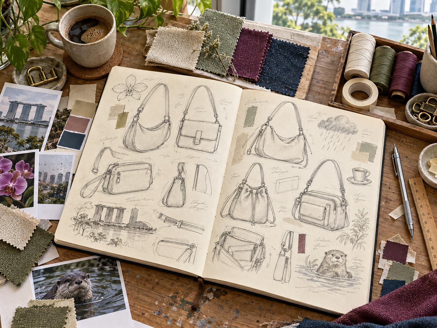 A design table with hand drawn mini bag ideas and material swatches