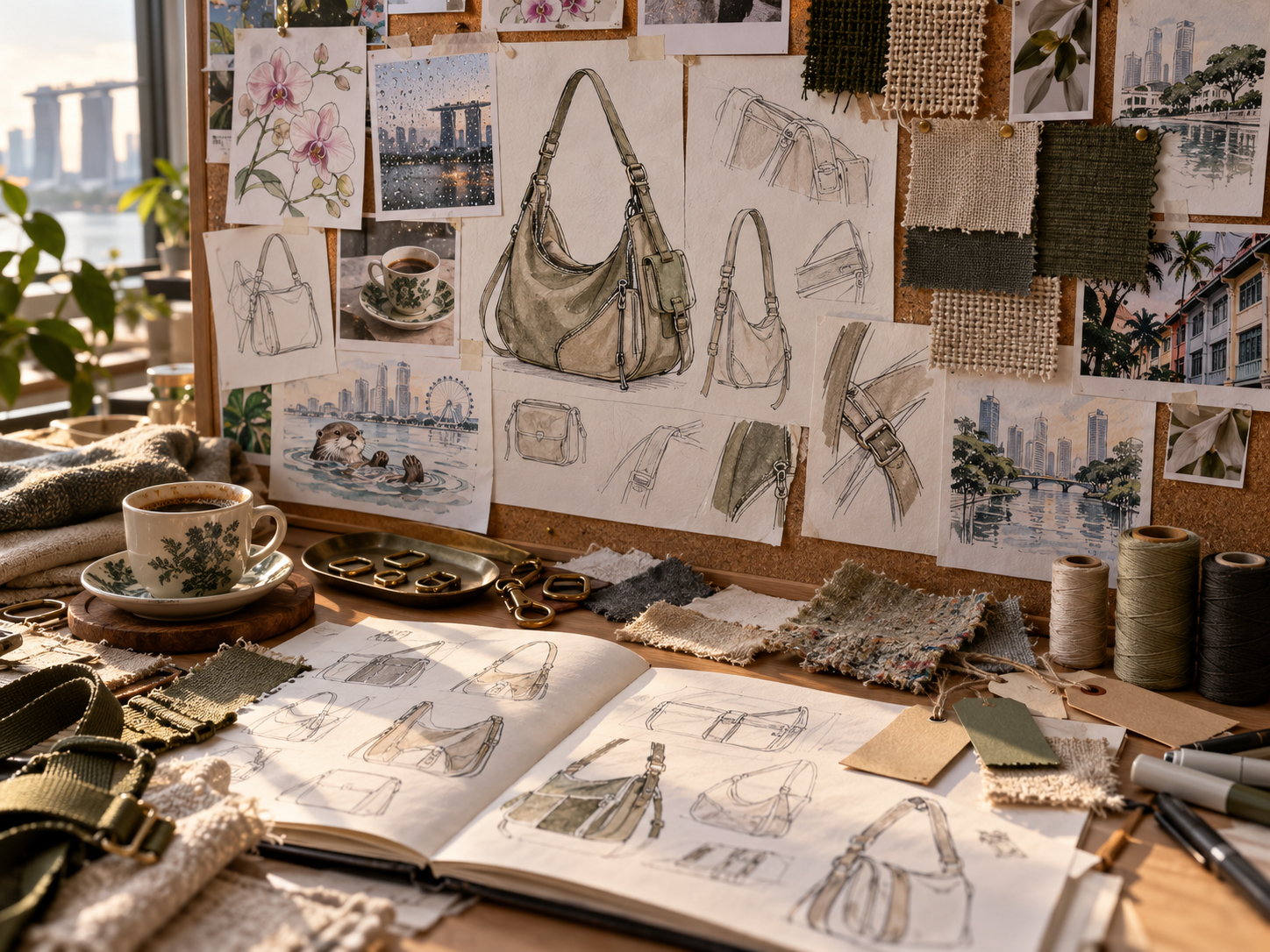 A studio drawing board filled with initial bag sketches and fabric studies